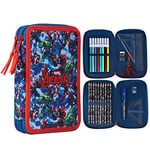 Marvel Trousse Scolaire Garcon, Trousse Compartiments Garnie Fourniture Scolaire, Feutre, Crayon de Couleur, Cadeau Spiderman Avengers Rentrée Scolaire Primaire (Avengers Bleu/Rouge)