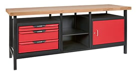 KS TOOLS - 865.0210 - Etabli professionnel d'atelier 1 porte et 3 tiroirs, 2 m - Plateau bois - Adapté pour modules d'outils - Verrouillage à serrure - Charge max. 400 kg - Pratique et fonctionnel