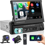 Autoradio 1 Din Carplay Android Auto Lien Miroir avec Écran Rétractable de 7 Pouces,Autoradio Bluetooth Main Libres avec Bluetooth Radio FM USB SD SWC AUX-in + Caméra de Recul(Q349)