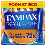 Tampax Compak Pearl, Super Plus, 72 Tampons Avec Applicateur, Flux Abondants, Format Eco, Triple Confort avec Applicateur doux, MotionFit, Voile Douceur, Certifié Oeko-Tex