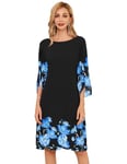 GRACE KARIN Robe D'Été en Mousseline de Soie pour Femme Manches 3/4 Coupe Ample Mi-Longue Robe de Soirée Fleurs Bleues sur Noir L