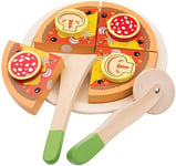 New Classic Toys 10586 Master Wooden Pretend Play Kids Cutting Pizza Salami Cooking Simulation Educational Perception Toy for Preschool Age Toddlers Boys Girls, Multi Color