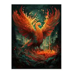 Artery8 Majestic Phoenix Bird Concept Painting Blue Orange Red Mythical Creature Rising from the Ashes Spreading Fire Wings Vibrant Portrait Unframed Wall Art Print Poster Home Decor Premium