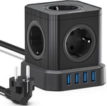 Multiprise Cube 9-en-1 avec USB, 5 Prises avec 4 Ports USB, Prise avec Interrupteur, Parasurtenseur avec Interrupteur et Cable 2M, Rallonge Multiprise 2500W, Noir