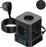 Cube Multiprise (16A/4000W) 5 Prises françaises avec 3 Ports USB et 1 Port Type-C,Bloc Multiprise Parafoudre et Surtension (Noir)