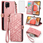 Asuwish Phone Case for Samsung Galaxy A03 Wallet Cover with Tempered Glass Screen Protector and Wrist Strap Leather Flip Zipper Credit Card Holder Stand Cell Accessories A 03 03A Ao3 Women Men Pink