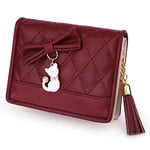 UTO Femme Filles Portefeuille Petit Porte-Monnaie à glissière avec Chat Mignon Pendentif en PU Cuir Rouge