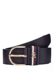 Tommy Stripe Logo Leather Belt, Space Blue