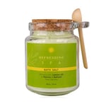 Sels de bain Accentra REFRESHING SPA dans un bocal en verre avec un bouchon en liège et une cuillère en bois, cristaux de bain enrichis en huile de citron