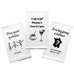 Lot de 3 Torchons de Cuisine 100% Coton. Torchon Vaisselle Blanc et Noir Original Fantaisie. 3 x Chiffon, Serviette, Essuie Main pour Offrir en Cadeau à Noel, Crémaillère, Fêtes des Mères / Pères