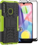 Coque Pour Samsung Galaxy A70e En Tpu Polyuréthane Antichoc Anti Rayure Heavy Duty Armor Avec Pied Support Intégré Vert+2 Pack Verre Trempé Écran Protecteur