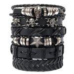 6 herr svart vävd läderarmband, punk skalle armband, rock herr armband, justerbar punk smycken, herr och dam