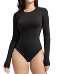 YIANNA Body Femme Manche Longue String Bodysuit Haute Élasticité Sexy Haut à Col Rond Top Justaucorps Suit Noir 5275 XS