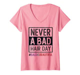 Womens Breast Cancer Survivor NEVER A BAD HAIR DAY Bald Beautiful V-Neck T-Shirt