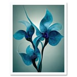 Elegant Teal Blue Orchid Flowers Painting Art Print Framed Poster Wall Decor 12x16 inch