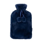 LIVIVO 2L Hot Water Bottle with Insulating Cover Featuring Decorative Pom-Poms - Keep Cosy and Warm (Navy)