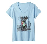 Womens Black Cat in Cowboy Boots V-Neck T-Shirt