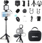 Kit De Caméra Vidéo Pour Smartphone, Trépied RéglableKit Vlogger Avec 3 Modes D'Éclairage Led, Microphone Cardioïde Et Contrôle Bluetooth Pour Youtube/Tiktok/Diffusion En