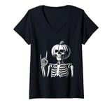 Womens Skeleton Pumpkin Head Halloween Spooky Bones Jack O Lantern V-Neck T-Shirt