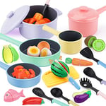 GILOBABY Kit Cuisine Enfant, Accessoire Cuisine Enfant avec Fruits, Légumes, Ustensile, Pots et Casseroles, Jouet Aliment Jeu Éducatif Cadeau Anniversaire pour Enfants Garçons Filles 3-6 Ans – Rose