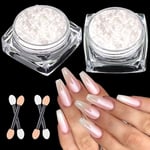 2 Pcs Poudre Chrome Ongle Blanc, Perle Blanche Poudre pour Ongles Chromée, Poudre de Paillettes Aurora Transparente, pour Glazed Donut Nails, Pearl Shimmer Nails