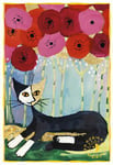 Dubbelt vykort - Liggande katt, blommor upptill