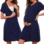 Uniexcosm Chemise De Nuit Maternité Accouchement Femme Boutonnée Devant Pyjama De Maternité pour Femme Enceinte Col en V Robe De Nuit Femme Enceinte Bleu Marine XXL