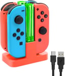 4 En 1 Chargeur Station Compatible Avec Joy Con Pour Switch & Oled Model, Manettes Station De Charge Avec Indicateur Led Et Cordon De Charge Type-C - Rouge