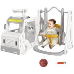 AIYAPLAY Portique Enfant Toboggan balançoire Bus avec Panier de Basket-Ball Aire de Jeux 4 en 1 Usage intérieur et extérieur 18-48 Mois Blanc Gris