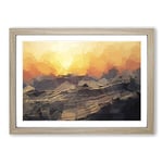 Big Box Art Orange Sunset Above The Waves in Abstract Framed Wall Art Picture Print Ready to Hang, Oak A2 (62 x 45 cm)