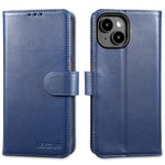 LENSUN Coque pour iPhone 15, Étui Cuir Véritable Portefeuille Housse [Antichoc] avec Rangements Cartes et Fermoir Magnétique Compatible avec Apple iPhone 15 (6,1")- Bleu