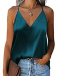 Zeagoo Satin Tops for Women Summer Green Vests Ladies Tank Top with Adjustable Spaghetti Strap V Neck Camisole Undershirts, M