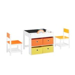 SoBuy Ensemble Table Enfant avec 2 Chaises, Table de Dessin, Table Réversible à Double Face avec Tableau Noir, 4 Boîtes de Rangement, Table Polyvalente Enfant pour Manger, Étudier et Jouer, KMB75-K-W