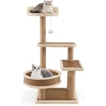 Arbre à Chat en Bois à 4 Niveaux 90 cm, Grand Niche, 3 Perchoirs Plateformes, Tapis en Rotin, Poteaux à Gratter en Sisal, Bord en Peluche Amovible,