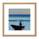 Fisherman Fishing in Small Boat Sunny Day Seascape Oil Painting Square Wooden Framed Wall Art Print Picture 8X8 Inch