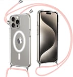 Magnétique Coque Pour Iphone 15 Pro Max Avec Cordon, Silicone Étui Compatible Avec Magsafe, Housse Transparente Avec Collier Antichoc Etui Pour Iphone 15pro Max, Bandoulière, Rose