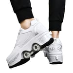JZIYH Deform Wheels Skates Roller Shoes Casual Walking Chaussures Skates Hommes Femmes Roller Quad pour Enfants Et Adultes,White+Silver,35