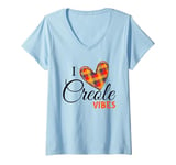 Womens Love Creole Fans Creole Day St. Lucia, Dominica Haiti Plaid V-Neck T-Shirt