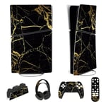 playvital Full Set Skin Sticker for ps5 Slim Console Digital Edition (The New Smaller Design), Vinyl Skin for ps5 Controller & Headset & Charging Station & Media Remote - Black & Gold Marble Effect