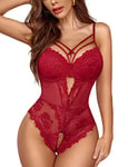 Avidlove Body sexy en dentelle pour femme - Sous-vêtement courbé - Lingerie une pièce, rouge vin, L