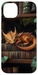 Coque pour iPhone 14 Plus Petit dragon endormi sur une bibliothèque