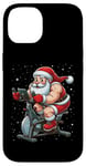 Coque pour iPhone 14 Père Noël sur vélo d'appartement, gym, fitness, entraînement, Noël, neige