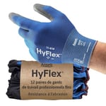 Ansell HyFlex 11-618, Gants de mécanicien, Gants de protection à revêtement PU, Gants de travail L pour manipulations de précision, Gants de manutention bleus compatibles avec écran tactile, 12 paires