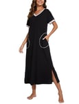 Jezonga Chemise de Nuit Femme Coton Longue Robe de Nuit à Manches Courtes Col en V Vêtements de Nuit Ete avec Poches - Noir,M