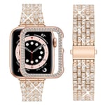 Wutwuk Compatible Bling Apple Watch 9 8 7 Straps 41mm with Bling Case, Rose Gold Sparkling Metal Woman iWatch Replacement Strap Diamond Rhinestone Wristband for Apple Watch Series 9 8 7 41mm-Rose Gold