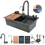 Bokaiya Évier de Cuisine, Cascade Multifonction, Evier de Cuisine à Comptoir Raindance Professionnel Lavabo Acier Inoxydable avec Lave Verre & Robinet Extractiblen Haute Pression Noir 75x45x21cm