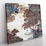 Fishing Under Gum Trees by Qiu Ying Asian Japanese Canvas Wall Art Print Ready to Hang, Framed Picture for Living Room Bedroom Home Office Décor, 50x50 cm (20x20 Inch)