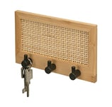 WENKO Barre à Crochets Allegre - Planche décorative en Bambou de qualité supérieure et rotin - Style bohème Tendance - avec 3 Crochets en Acier laqué Mat - 20 x 12 x 3,5 cm - Naturel/Noir