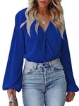 CUPSHE Blouses pour Femmes Col en V Look Portefeuille à Manches Longues Tunique Plissée à Manches Longues Chemise Tops Bleu Royal L