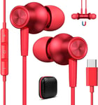 Écouteurs USB C pour Galaxy A55 A35 A16 5G A54 A34 Samsung S24 S23, Intra-Auriculaires Casque Type C avec Câble Microphone Sport pour iPhone 16 15 Pro Max iPad Air Pixel 9 8a 7 6 Xiaomi 14T 13,Rouge